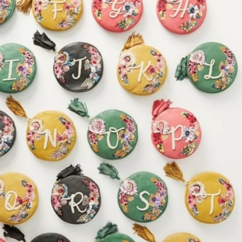 Anthropologie Embellished Leather Monogram Pouch Purse Initial Letter K Bead NWT